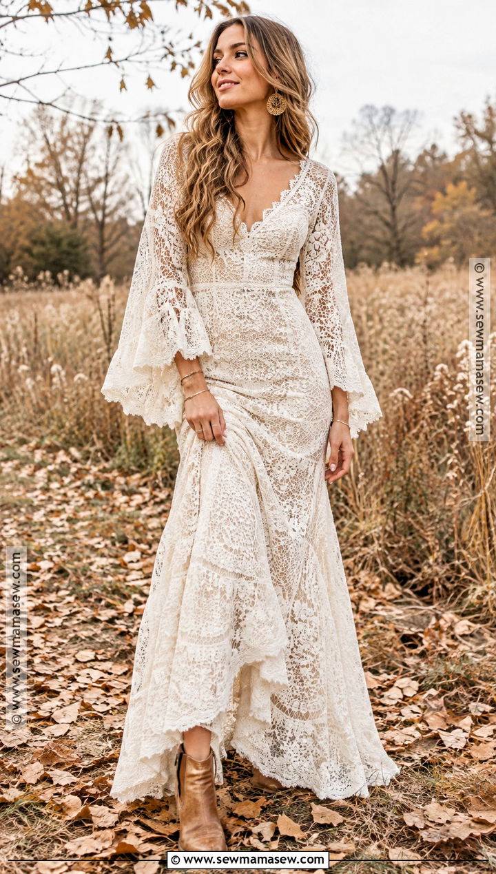 Bell Sleeve Crochet Lace Wedding Dress - 15 rustic boho fall wedding dress ideas