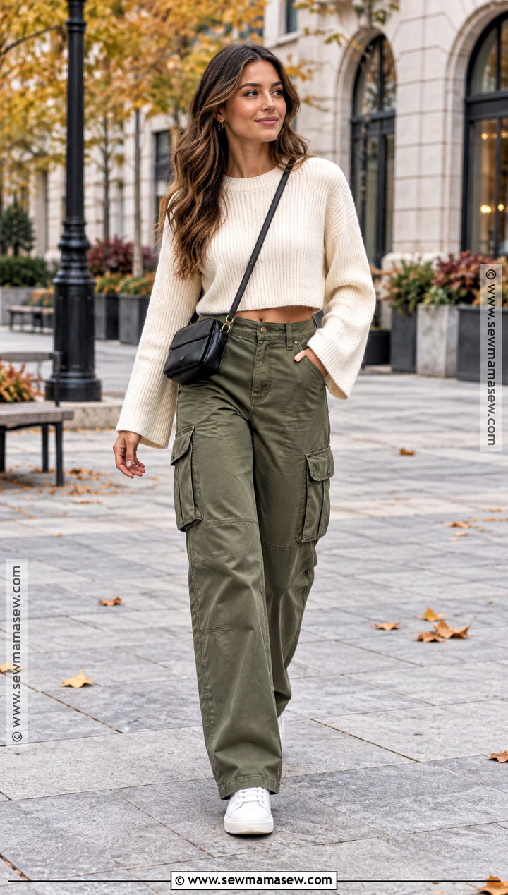 Bell Sleeve Sweater With Cargo Pants And Sneakers - 15 Bell Sleeve Sweater Fall Fashion Ideas