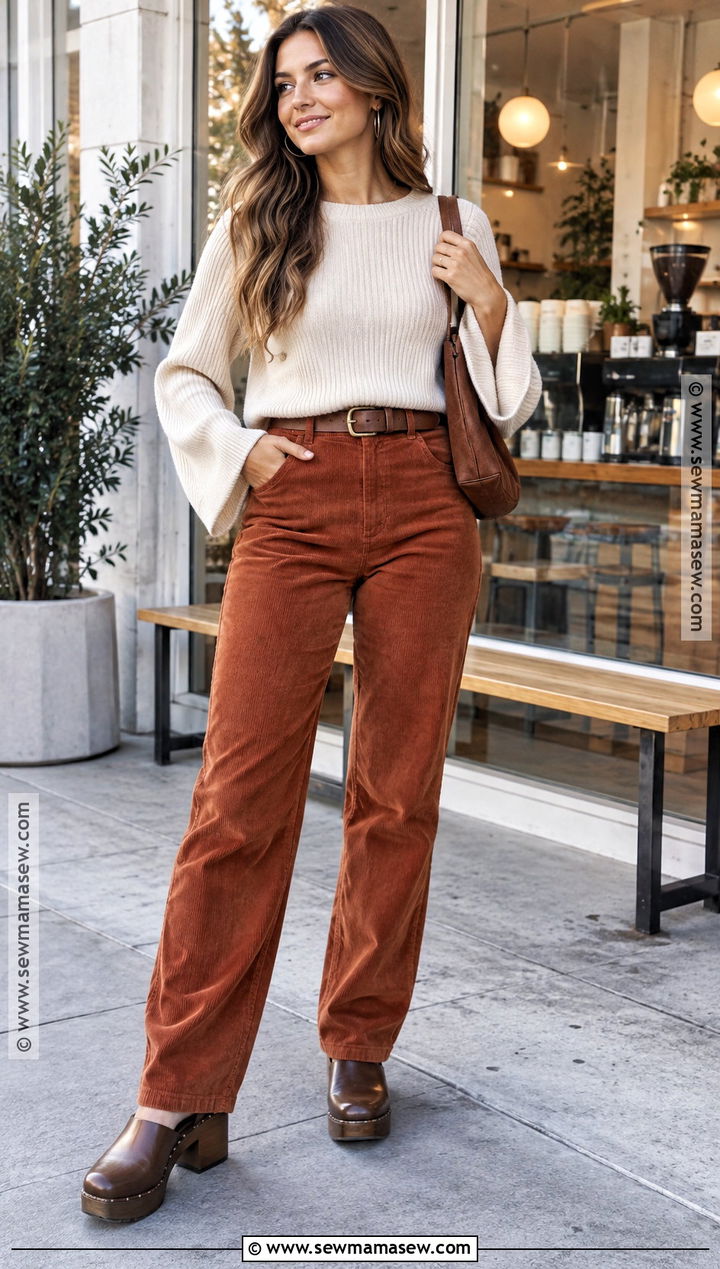 Bell Sleeve Sweater With Corduroy Pants And Clogs - 15 Bell Sleeve Sweater Fall Fashion Ideas