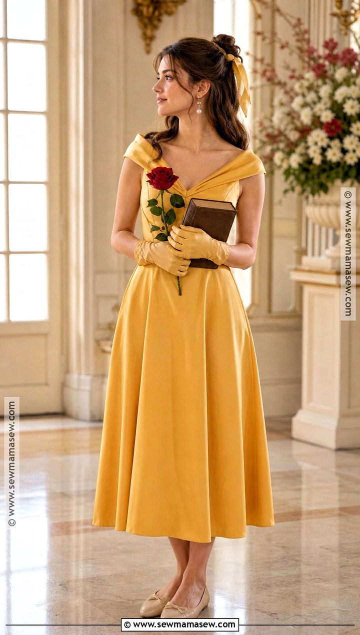 Belle Costume With Yellow Midi Dress - 30 Solo Halloween Costumes Women Brunette
