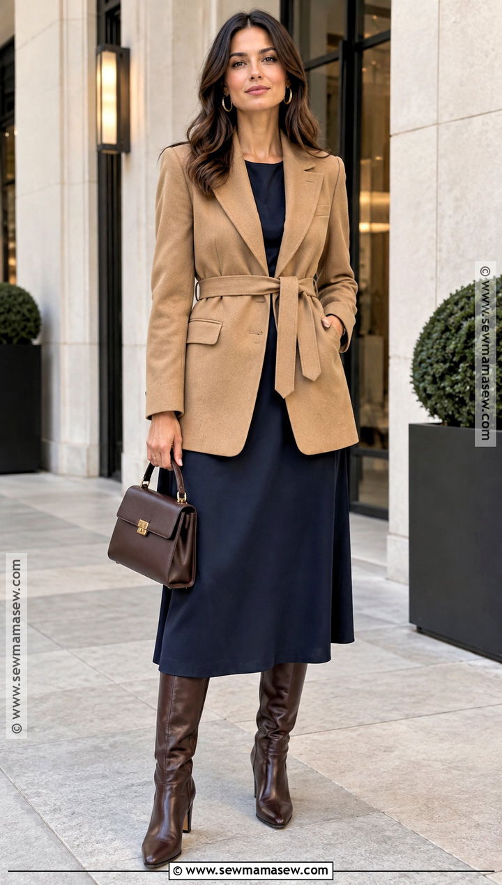 Belted Blazer And Midi Dress Fall Outfit - 25 chic fall outfits classy