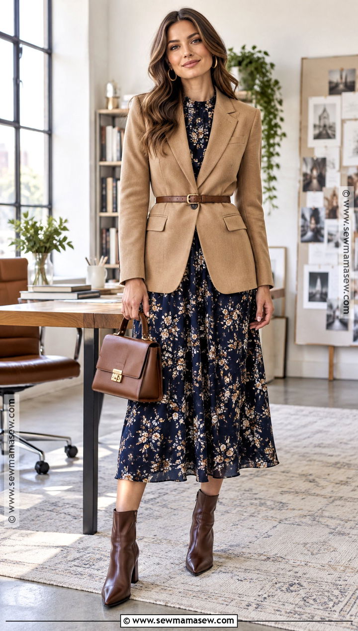 Belted Blazer And Midi Dress Fall Work Outfit - 20 fall workwear ideas