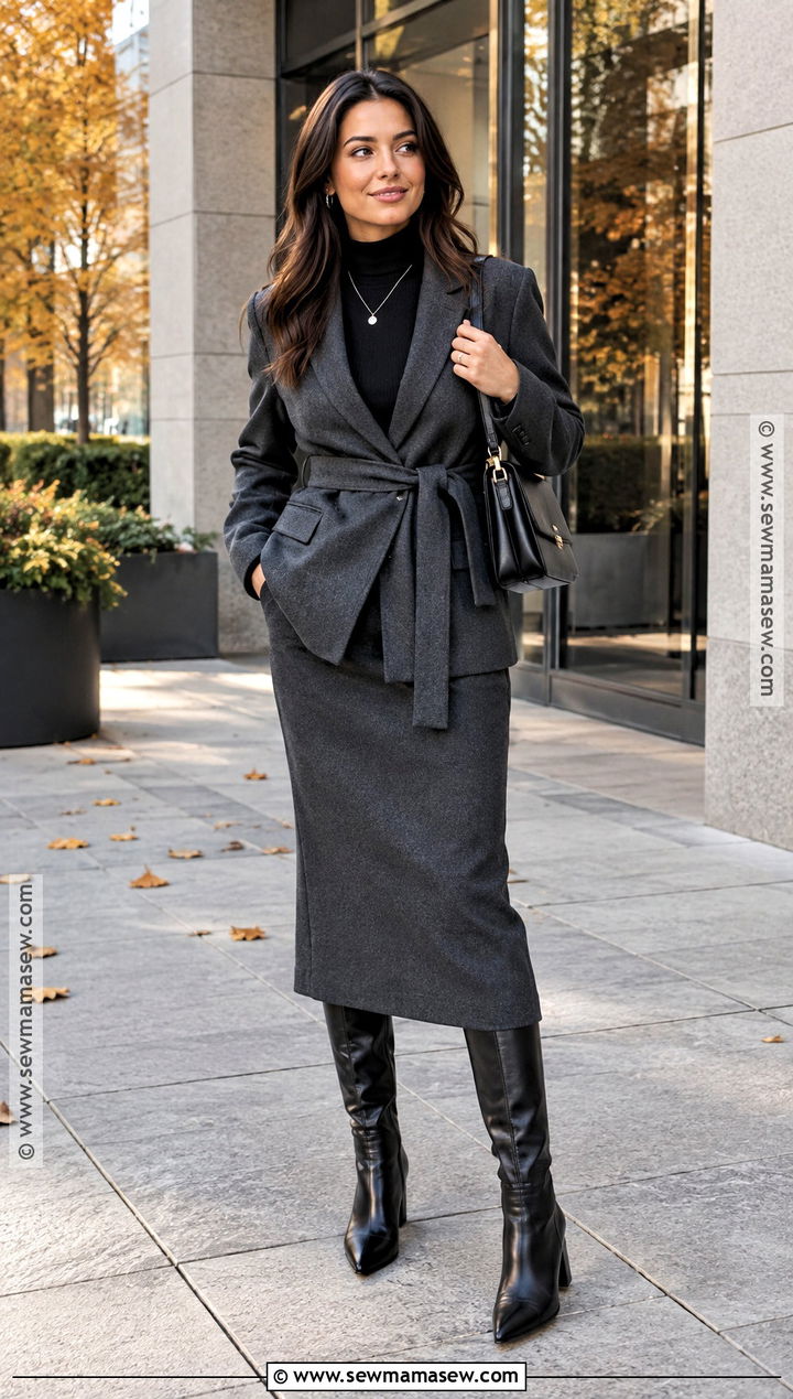 Belted Blazer And Midi Skirt Work Outfit - 15 Fall Style 2026 Women Work Ideas