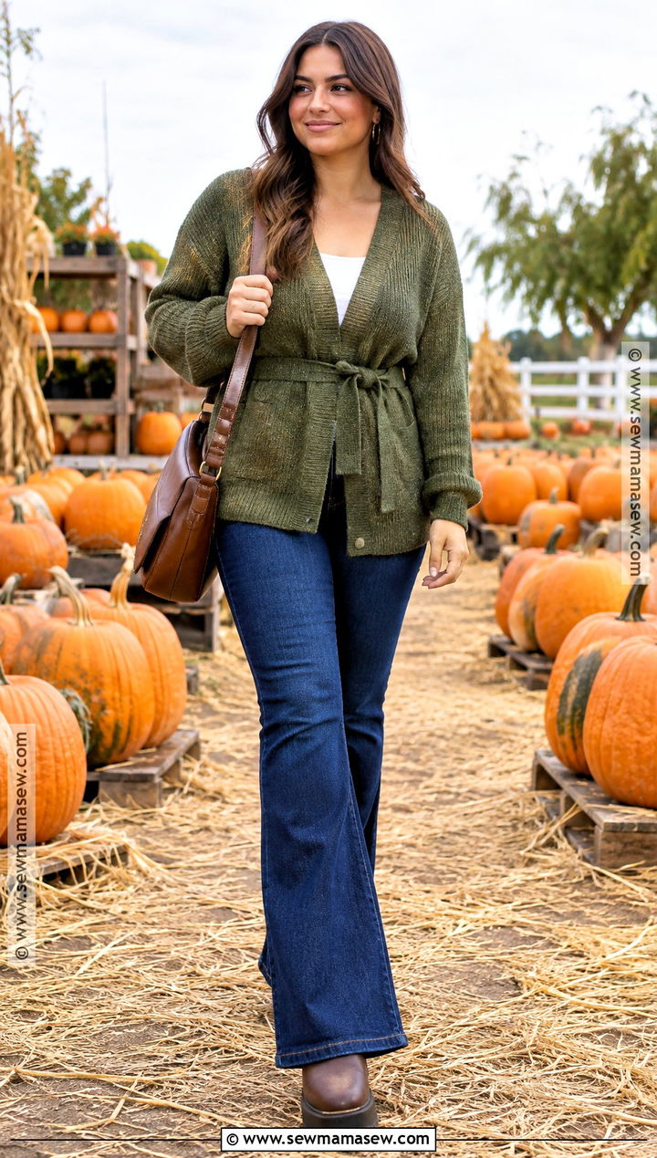 Belted Cardigan And Flare Jeans Pumpkin Patch Outfit - 20 Pumpkin Patch Aesthetic Outfits