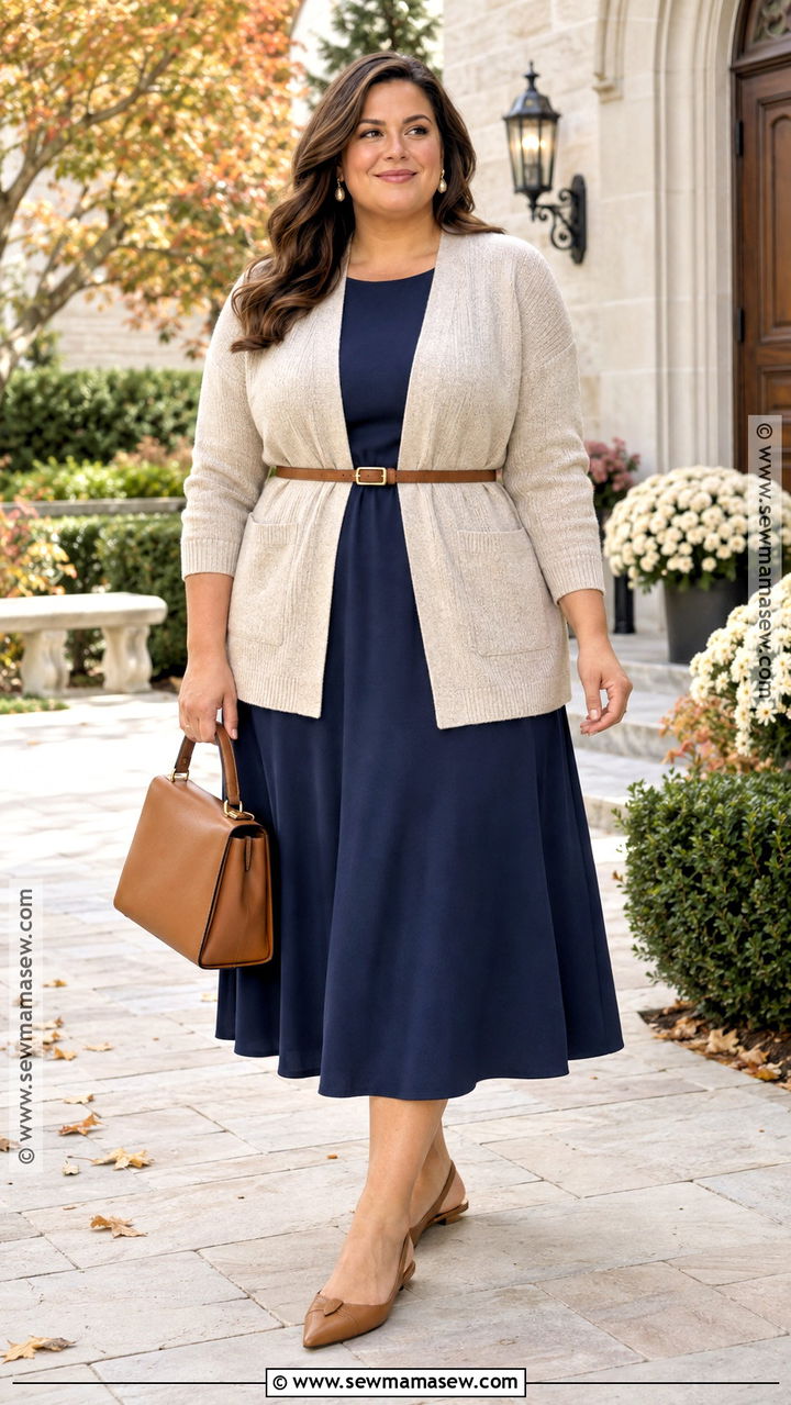 Belted Cardigan And Midi Dress Church Outfit - 20 Early Fall Church Outfit Ideas