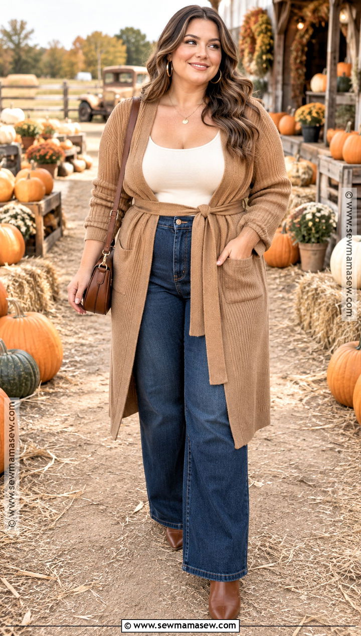 Belted Cardigan and Wide Leg Jeans Pumpkin Patch Outfit - 20 Pumpkin Patch Photoshoot Outfits