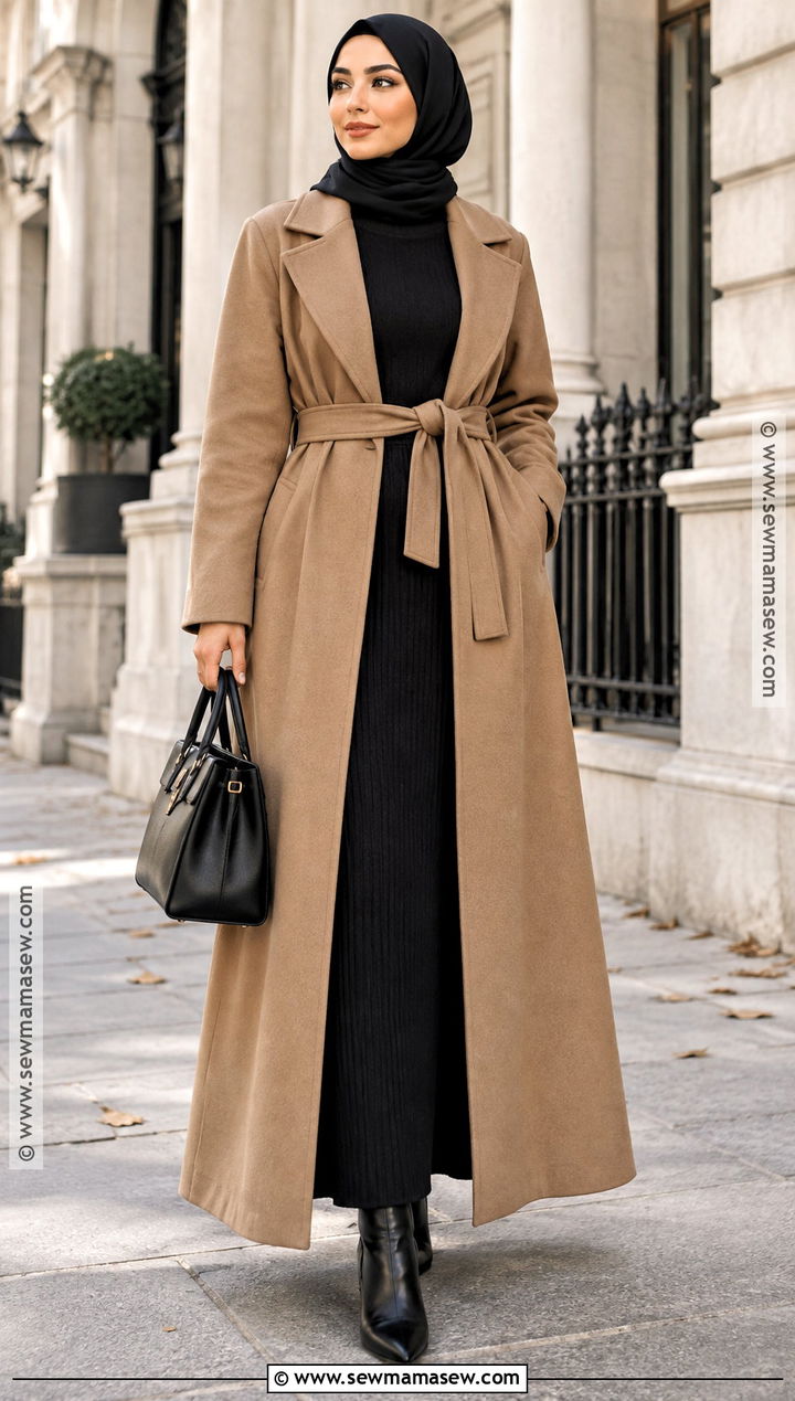 Belted Coat Abaya With Pointed Boots - 15 autumn abaya outfits