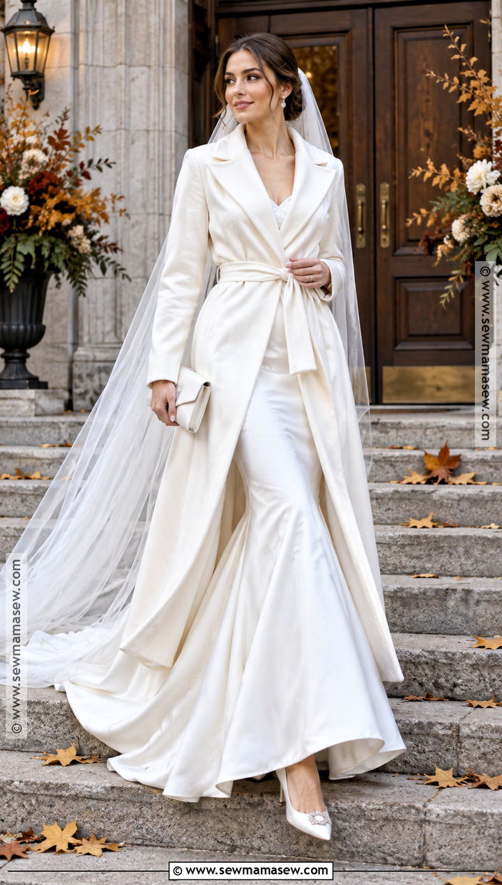 Belted Coat With Mermaid Wedding Dress - 15 Wedding Dress Coat Fall Ideas