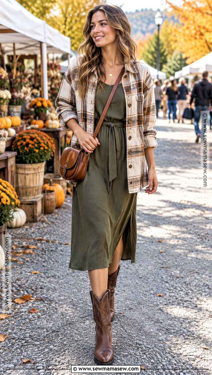 Belted Dress With Shacket And Cowboy Boots - 20 autumn dress outfit casual ideas