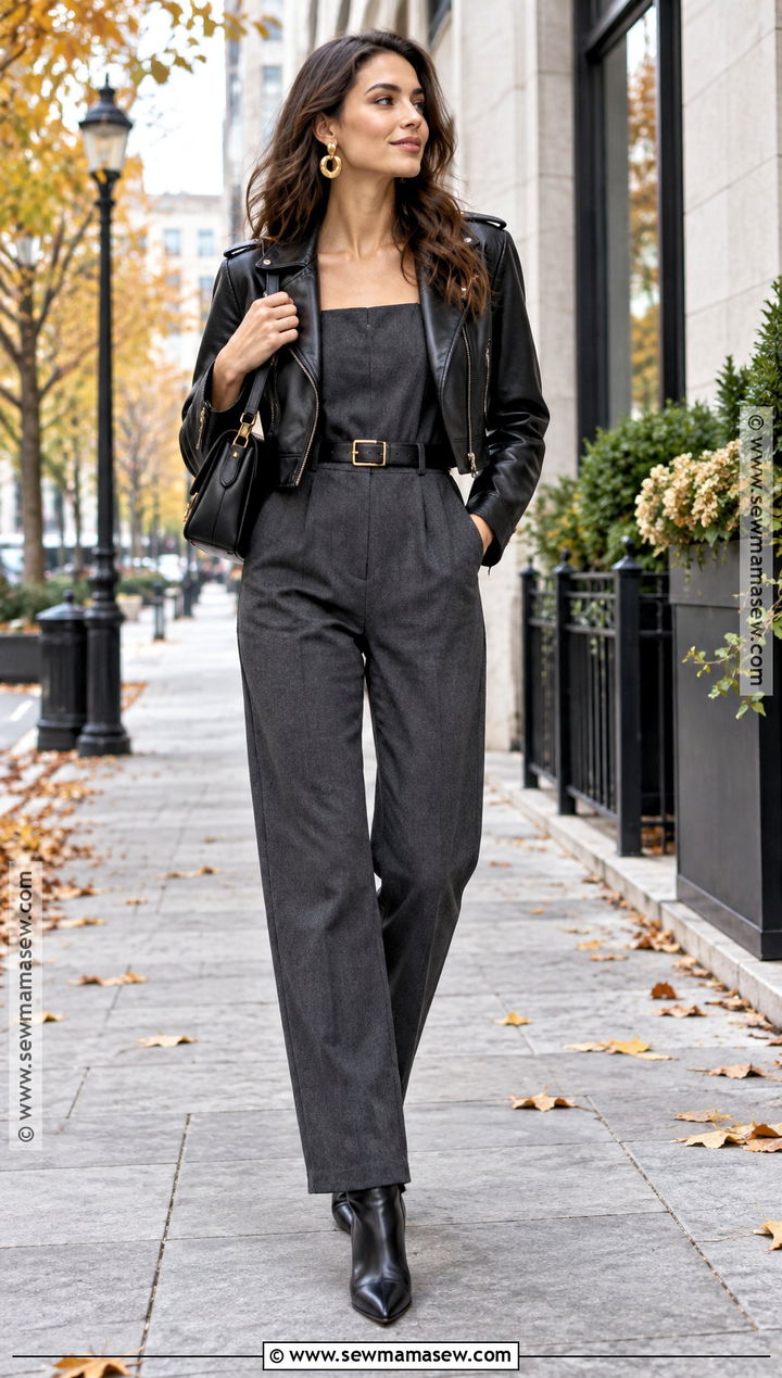 Belted Jumpsuit With Leather Jacket And Boots - 15 Fall Jumpsuit Outfit Ideas