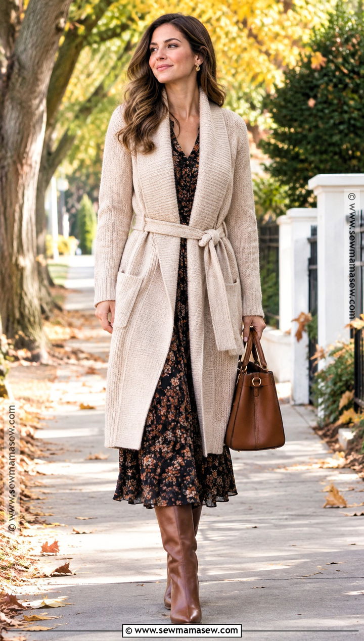 Belted Knit Cardigan With Midi Dress - 20 Autumn Knitwear Ideas