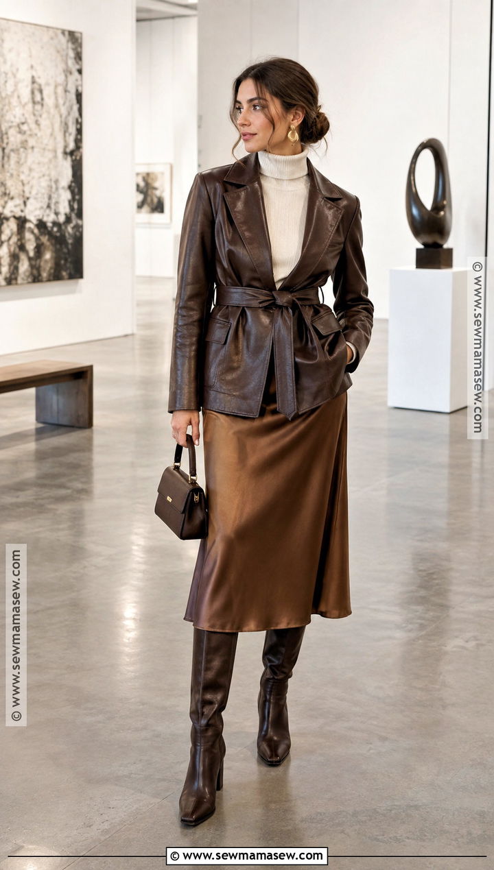 Belted Leather Jacket With Satin Midi Skirt - 15 warm fall jacket ideas