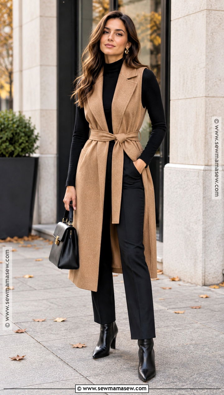 Belted Long Vest With Monochrome Basics - 20 Long Vest Outfit Fall Ideas