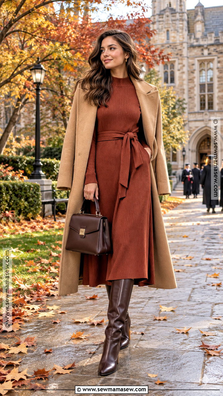 Belted Midi Dress And Tall Boots Autumn Graduation Outfit - 20 autumn graduation outfit ideas
