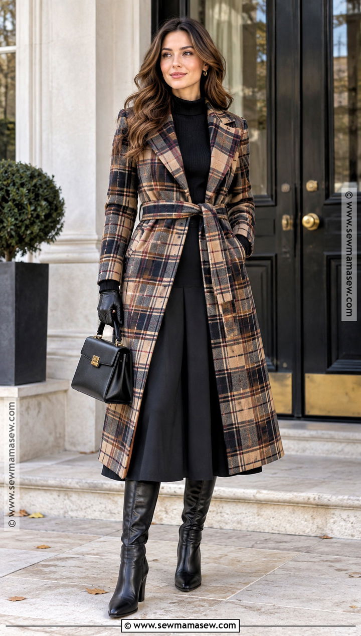 Belted Plaid Coat With Knee High Boots - 15 plaid fall coat ideas