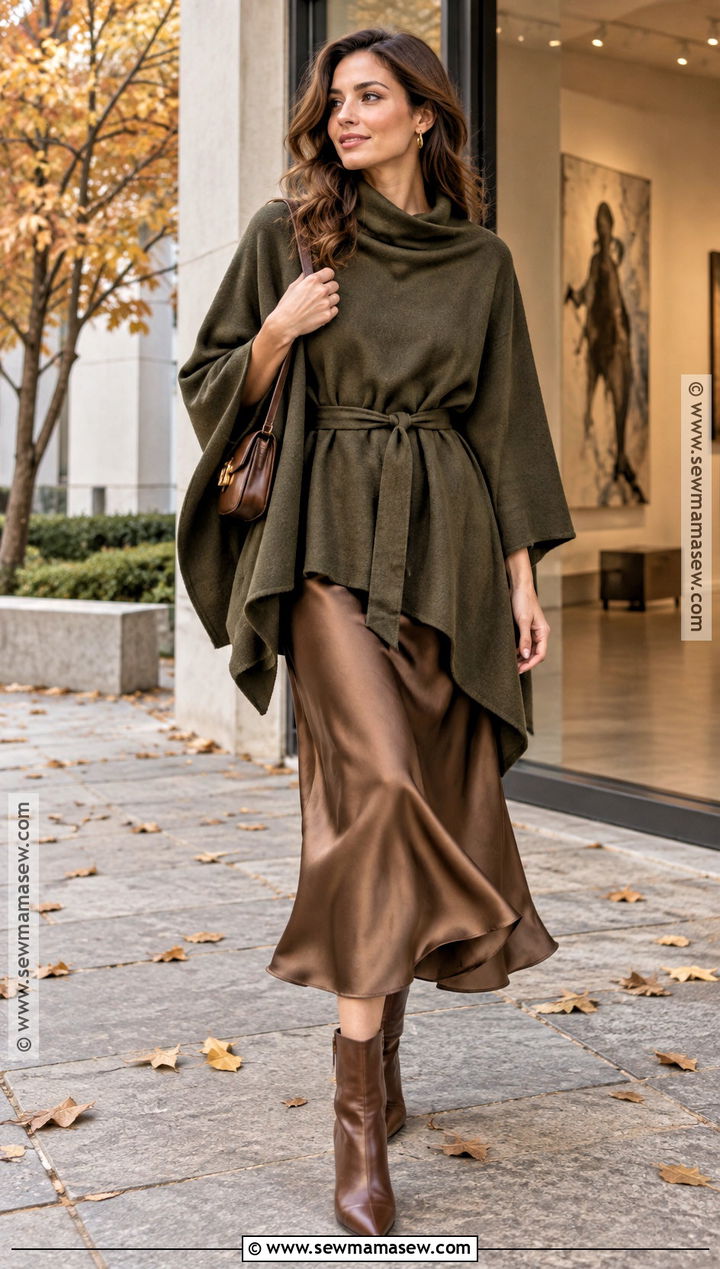 Belted Poncho With Midi Skirt And Boots - 15 fall fashion poncho style ideas