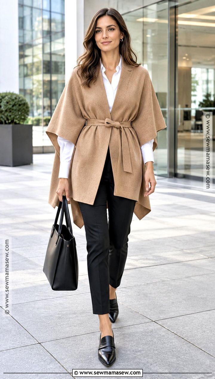 Belted Poncho With Tailored Pants - 20 fall poncho outfits