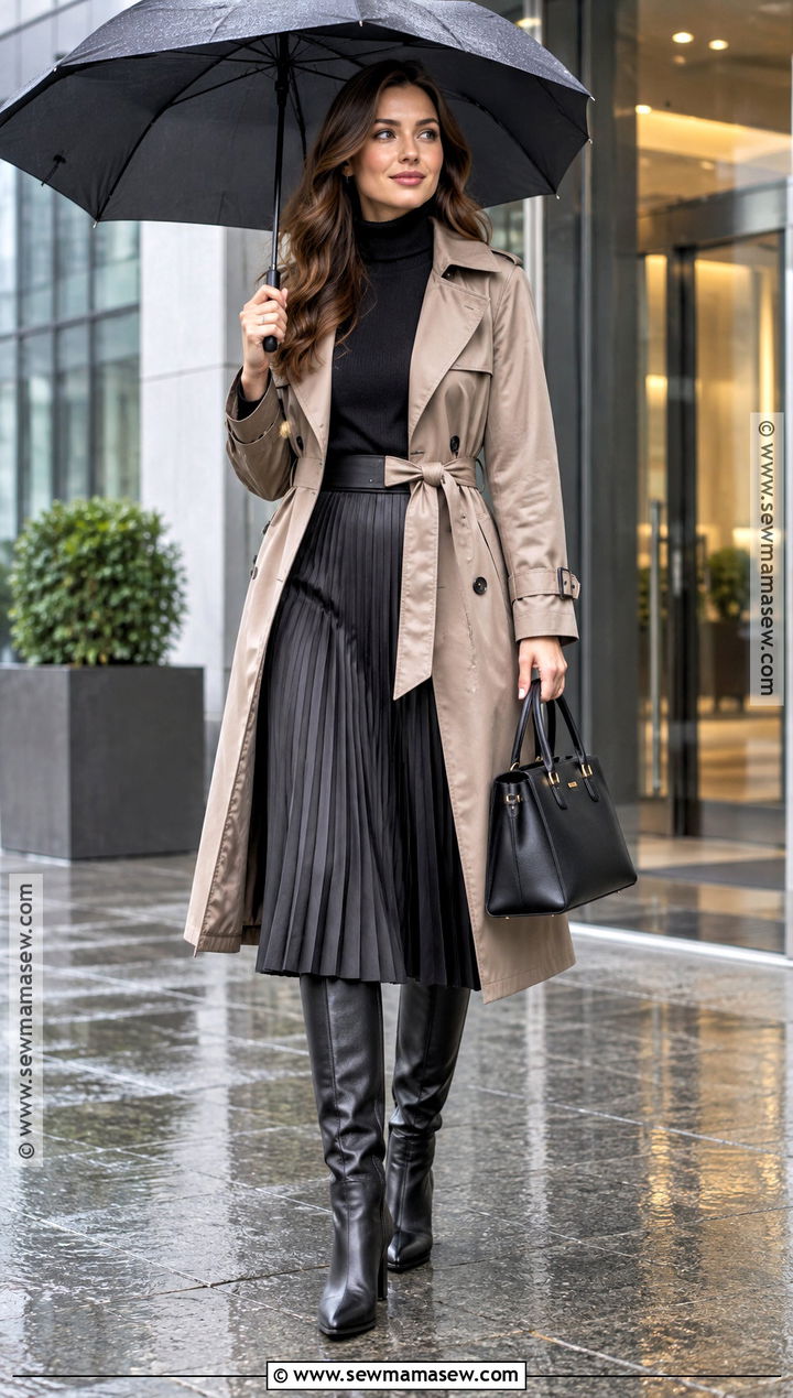 Belted Raincoat And Midi Skirt Fall Outfit - 20 fall outfits rainy day