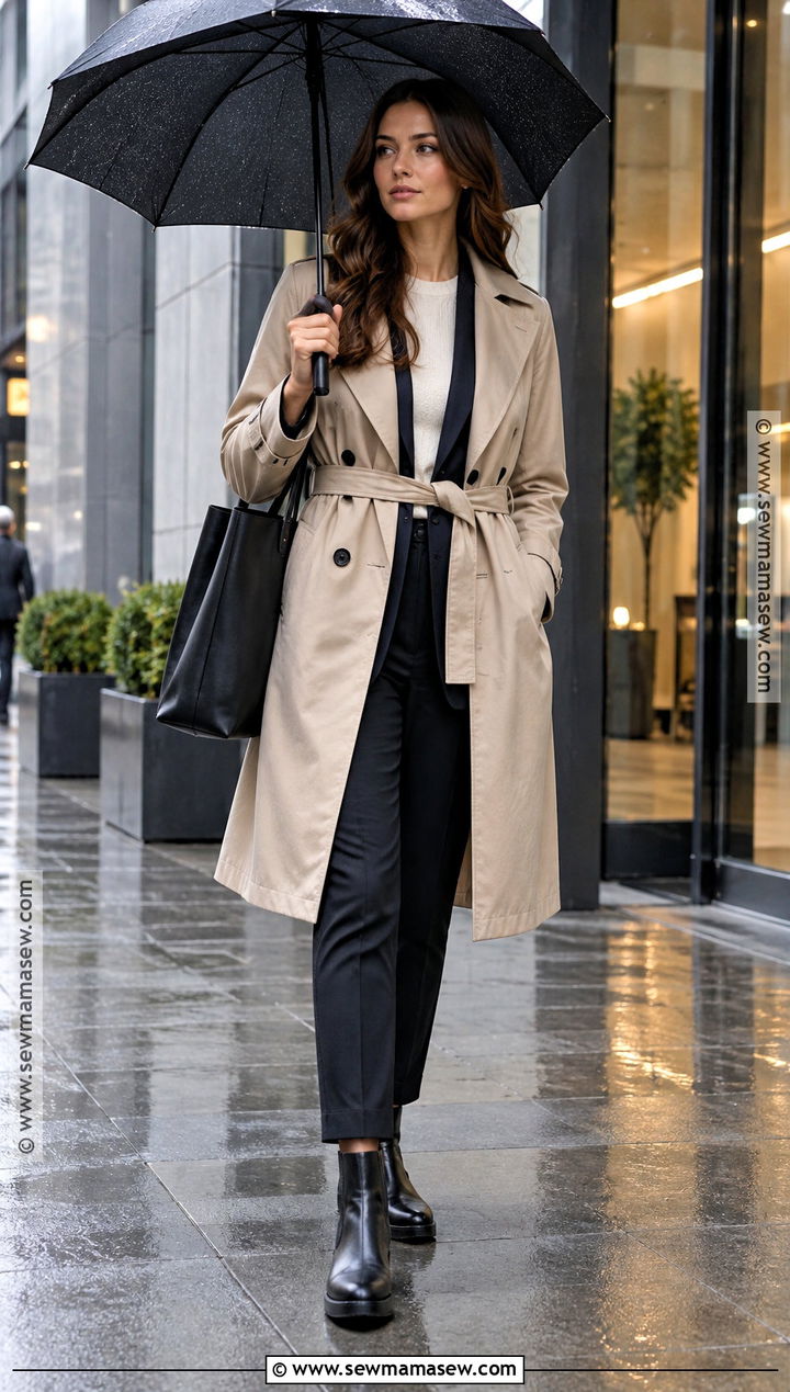 Belted Raincoat With Blazer And Cropped Work Pants - 15 fall outfits for rainy days