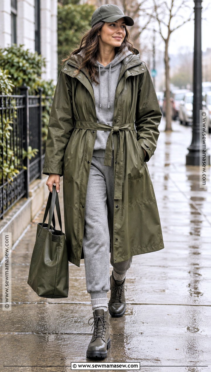 Belted Raincoat With Hoodie And Joggers - 20 long fall coat ideas