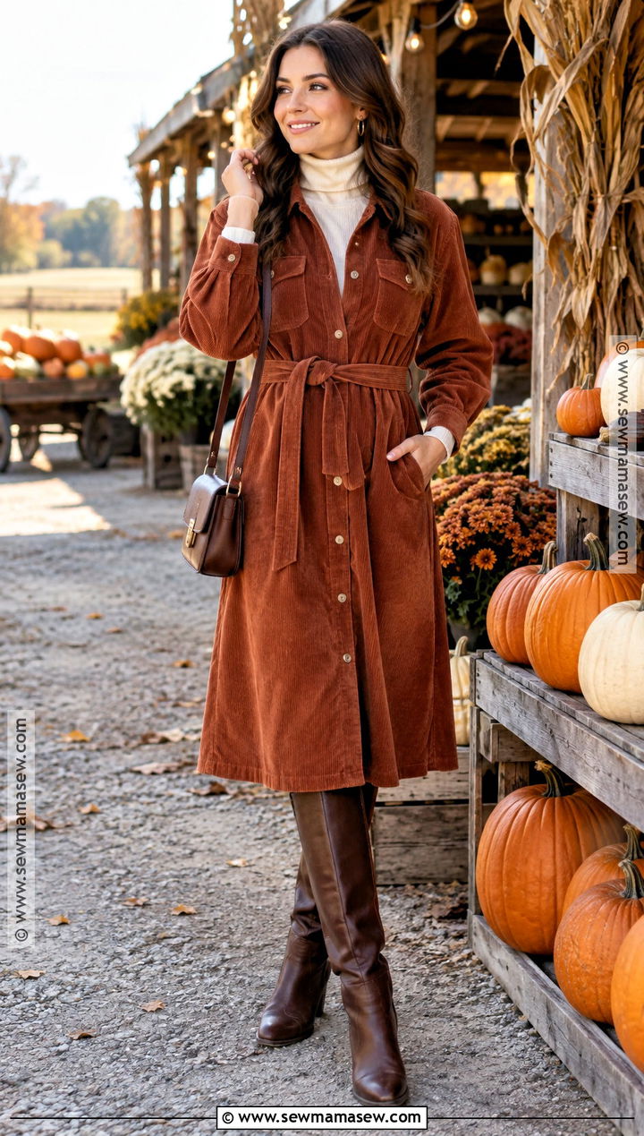 Belted Shirt Dress And Boots Outfit - 25 cute pumpkin patch outfits