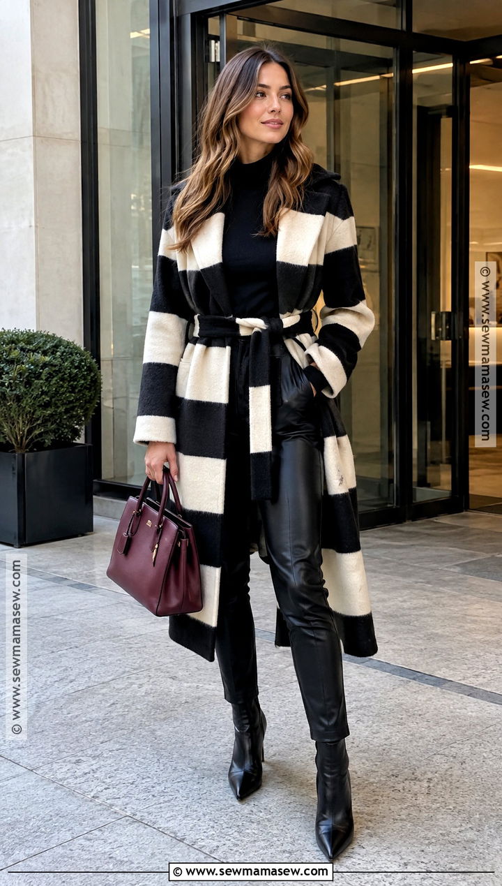 Belted Striped Coat With Leather Pants - 15 autumn striped coat ideas