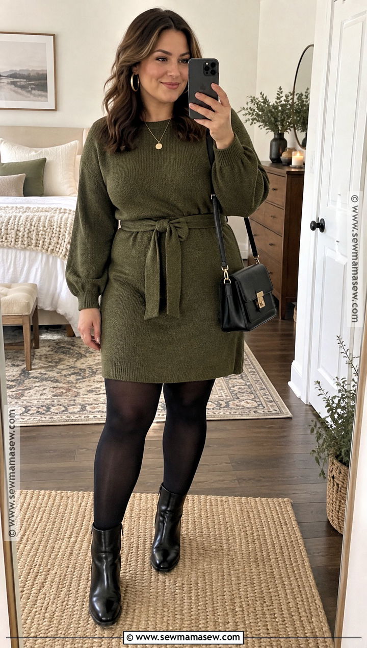 Belted Sweater Dress With Ankle Boots - 15 fall house party outfit ideas