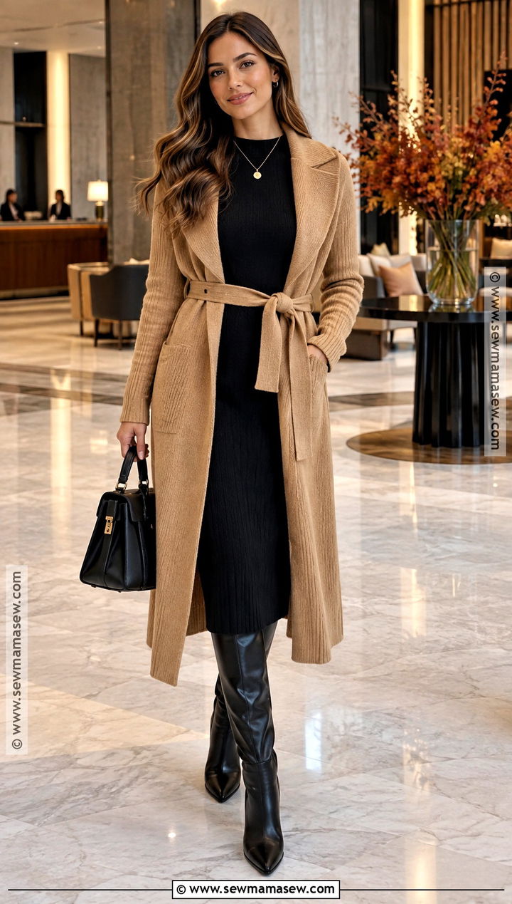 Belted Sweater Jacket With a Knit Dress - 15 fall sweater jacket ideas