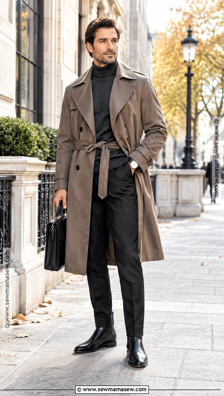 Belted Trench Coat With Roll Neck Sweater And Boots - 15 men's autumn trench coat ideas