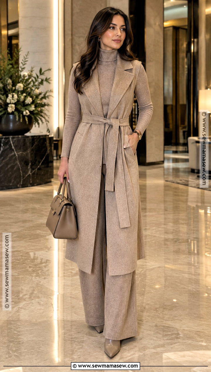Belted Vest With Monochrome Knit Separates - 20 Fall Outfit With Vest Ideas