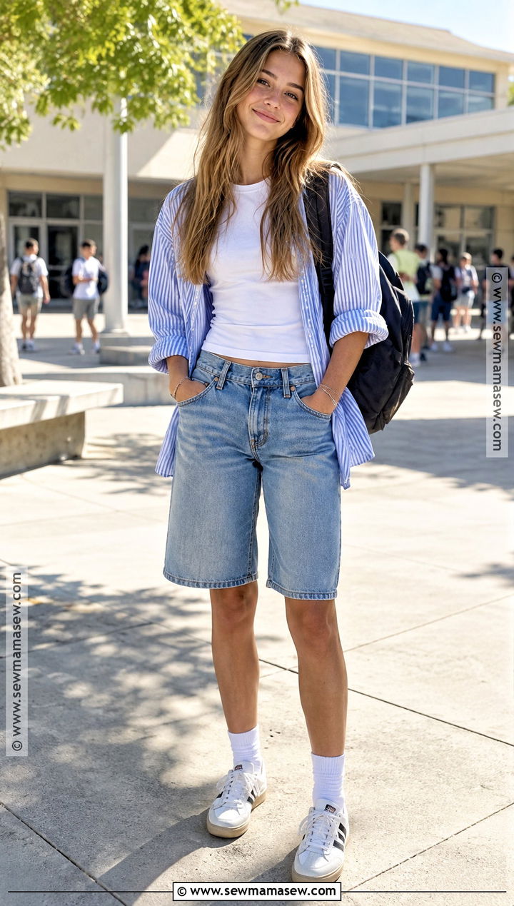 Bermuda Shorts And Oversized Button Down School Outfit - 15 cute back to school outfits highschool baddie