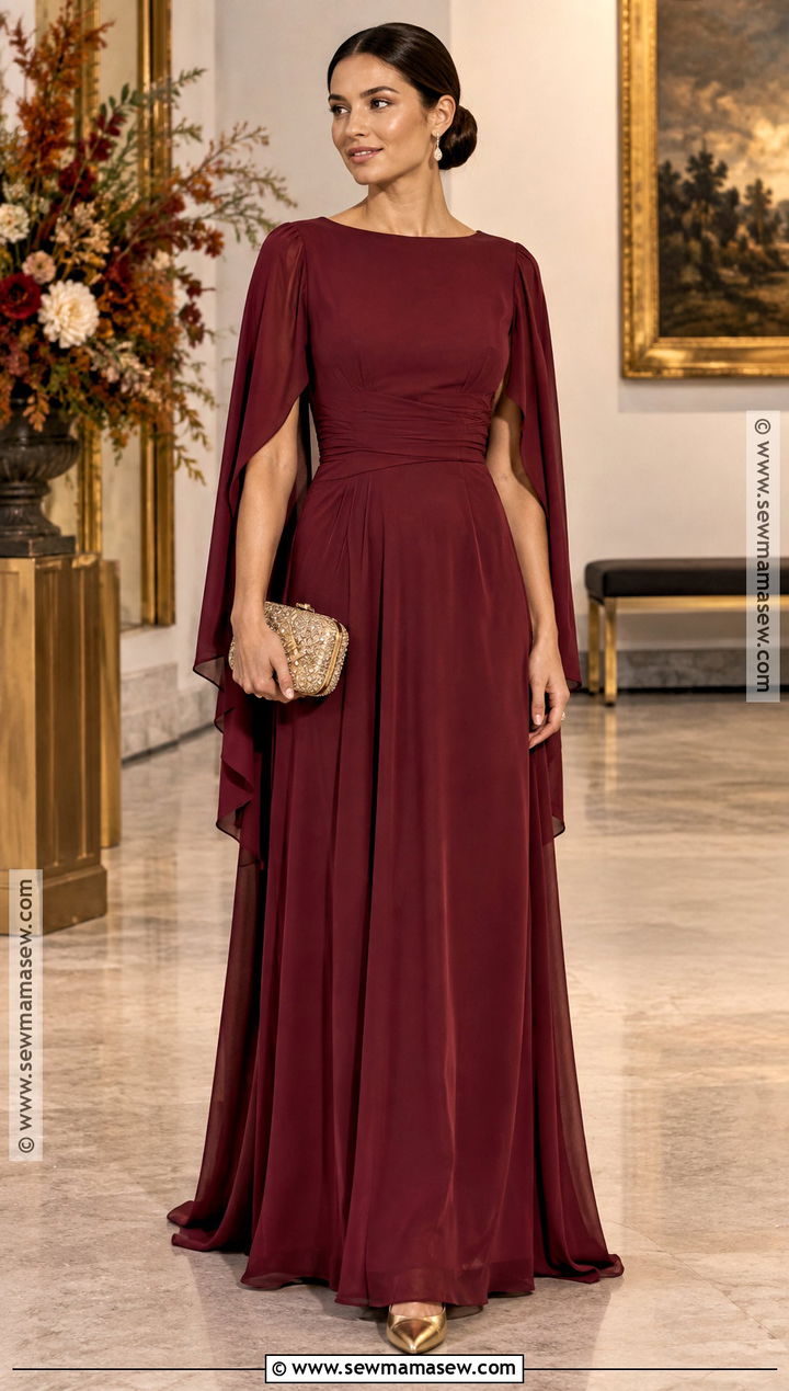 Berry Cape Sleeve Gown Fall Wedding Guest Outfit - 20 fall formal wedding guest attire ideas