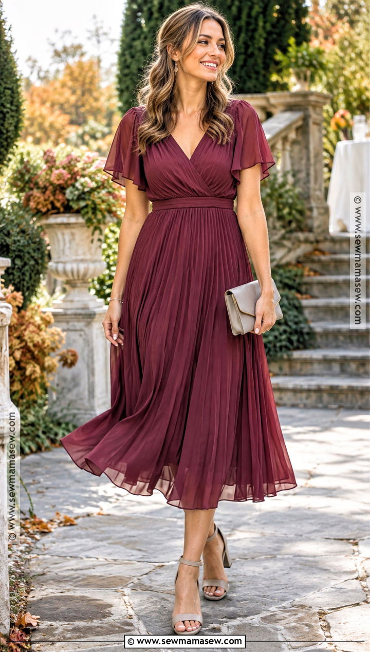 Berry Chiffon Midi Fall Wedding Guest Outfit - 25 semi formal fall wedding guest attire ideas