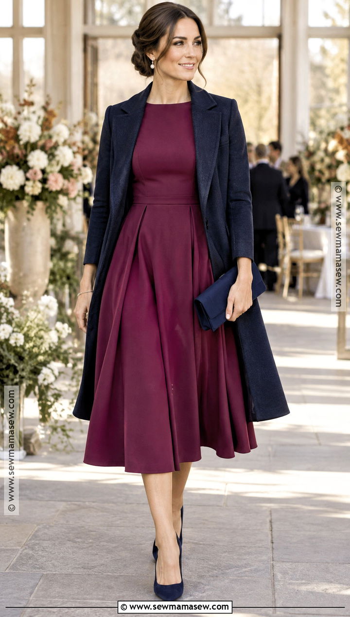 Berry Fit And Flare Dress Outfit - 15 formal cocktail dress wedding guest fall ideas
