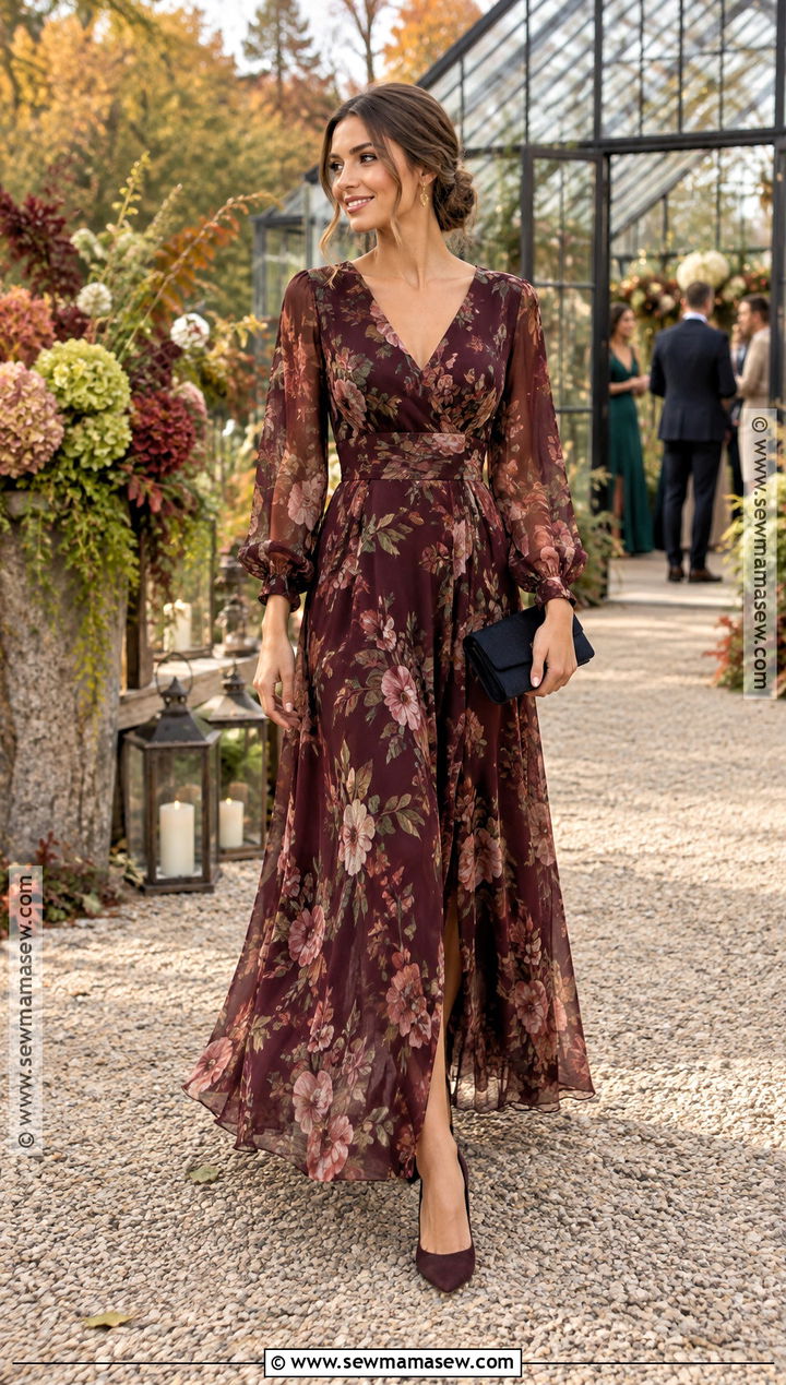 Berry Floral Long Sleeve Gown - 15 fall gowns wedding guest