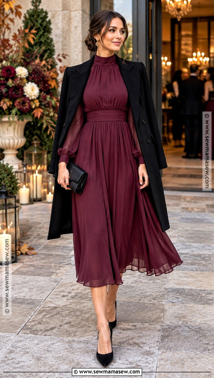 Berry High Neck Fall Wedding Guest Dress - 15 fall wedding guest dress ideas 2026