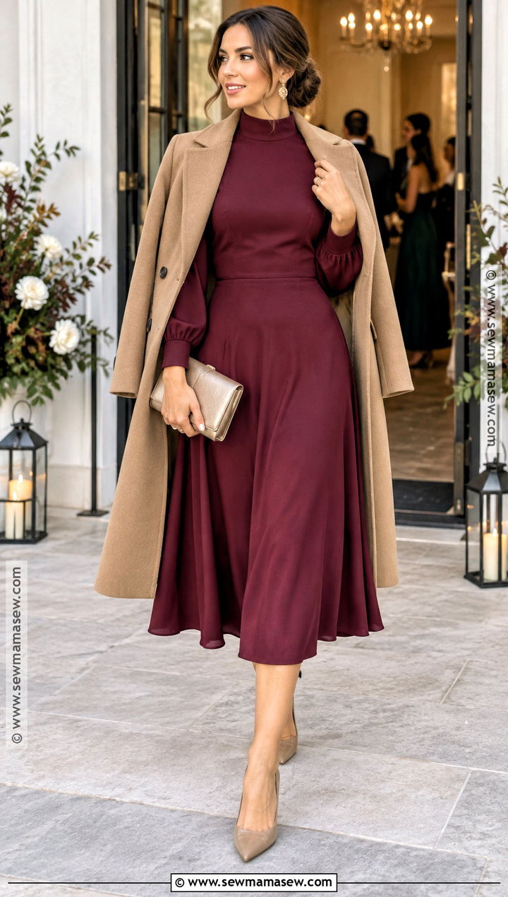 Berry High Neck Midi Dress For A November Wedding - 25 november wedding guest outfits