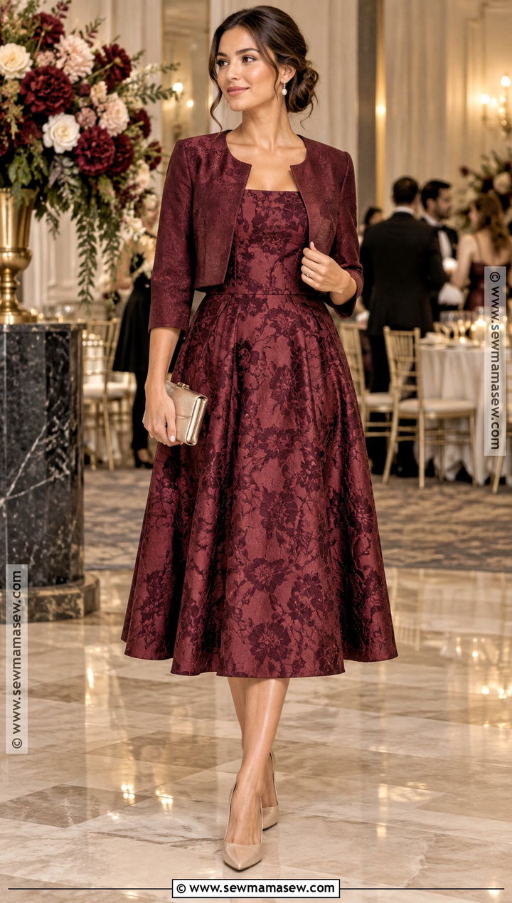 Berry Jacquard Fall Wedding Guest Dress - 15 Fall Dresses Wedding Guest