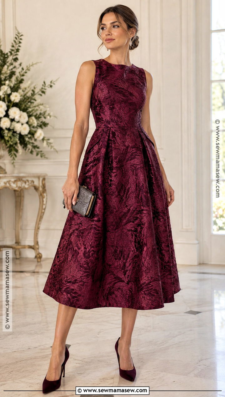 Berry Jacquard Midi Wedding Guest Dress - 20 wedding guest dresses fall
