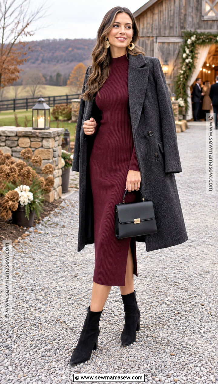 Berry Knit Midi Dress With Suede Boots - 20 Fall Farm Wedding Guest Attire Ideas
