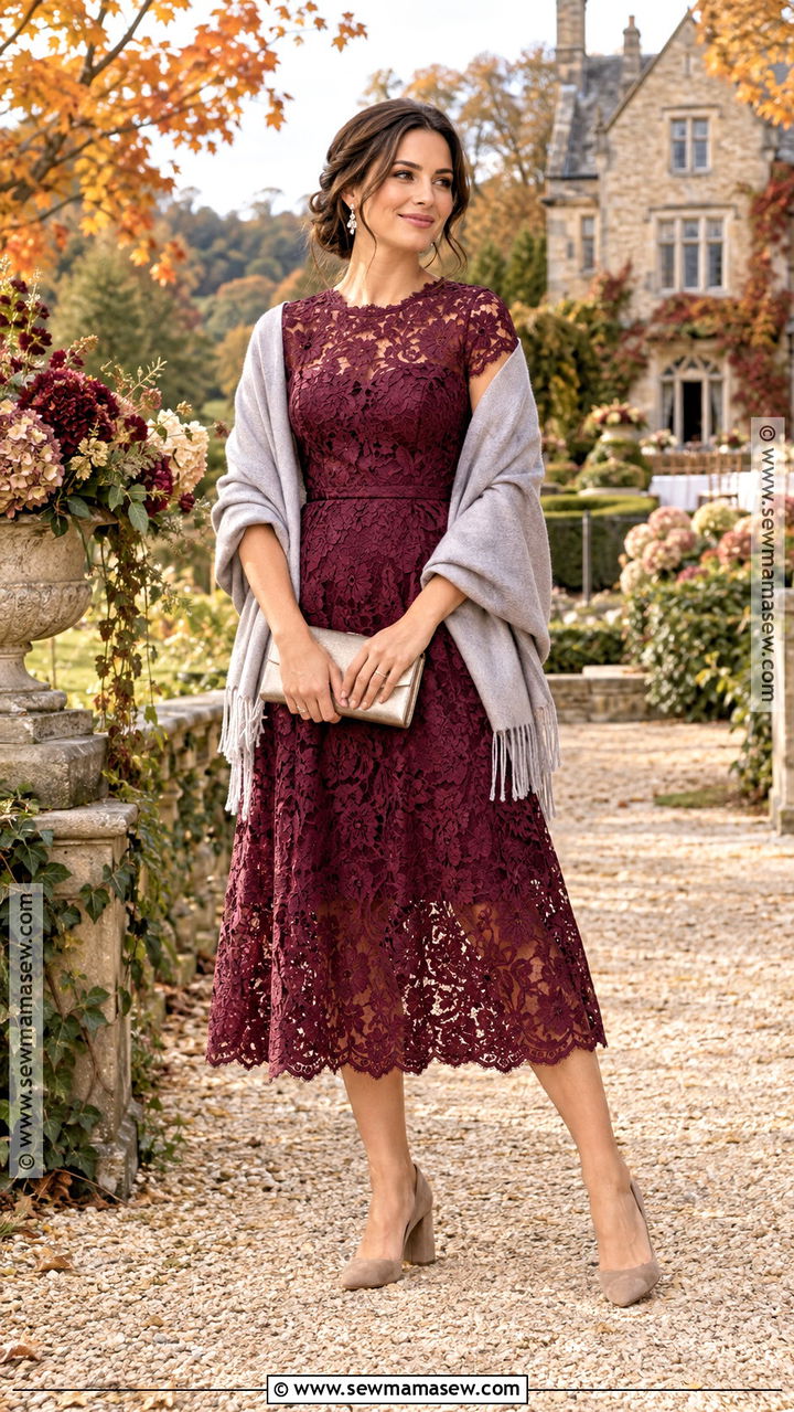 Berry Lace Midi Dress Fall Wedding Outfit - 20 fall outdoor wedding outfit guest ideas