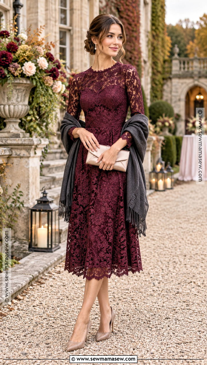 Berry Lace Midi Dress For Fall Wedding Guest - 15 fall outfits for wedding guest