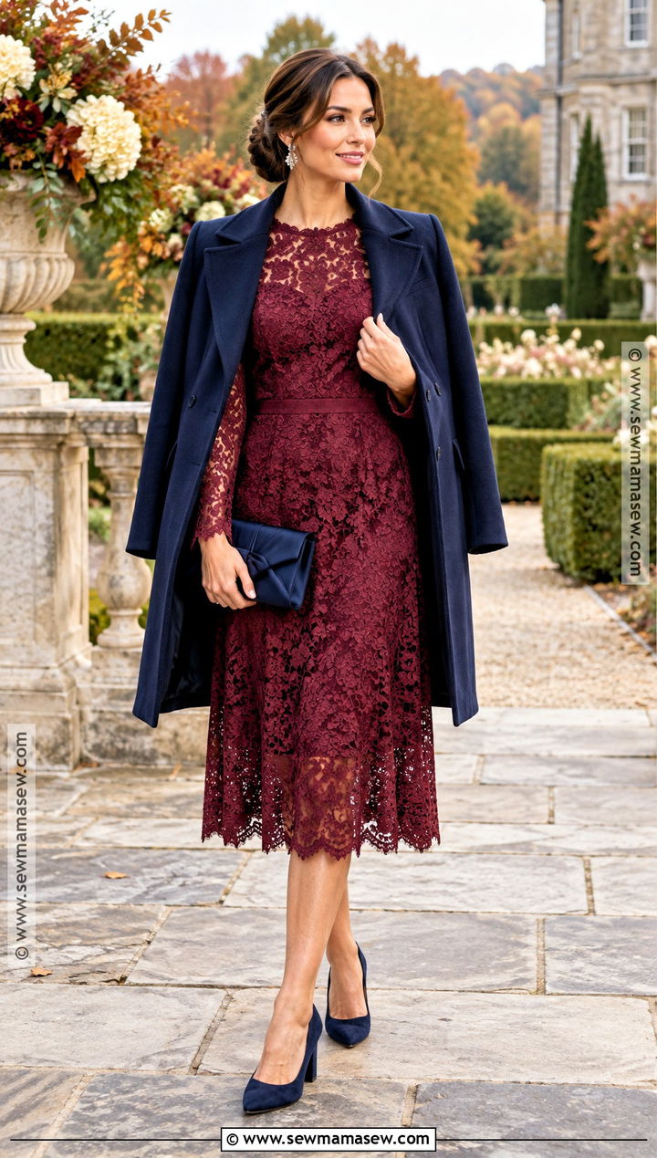 Berry Lace Midi Dress With Closed Toe Pumps - 15 outdoor fall wedding outfit ideas
