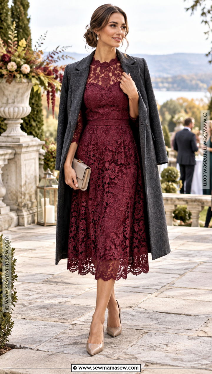 Berry Lace Midi Dress With Pumps Wedding Outfit - 15 autumn chic wedding outfit ideas