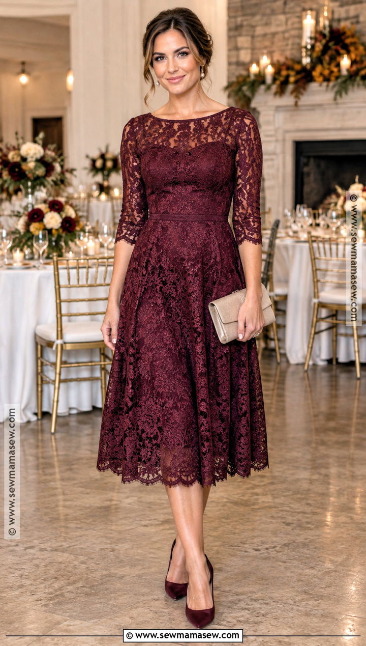 Berry Lace Midi Fall Wedding Guest Dress - 15 wedding reception dress for guest fall ideas