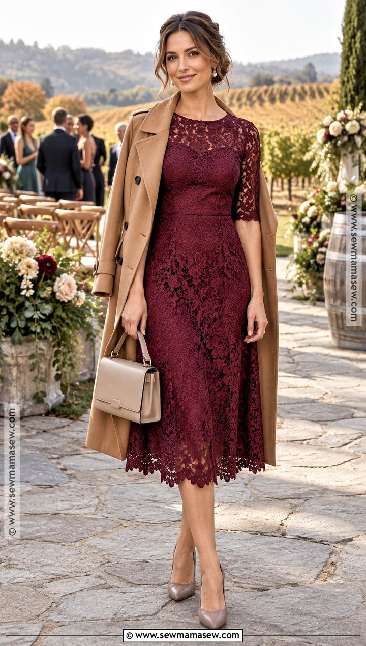 Berry Lace Midi Fall Wedding Guest Outfit - 15 Fall Wedding Guest Dress Casual Outdoor Ideas