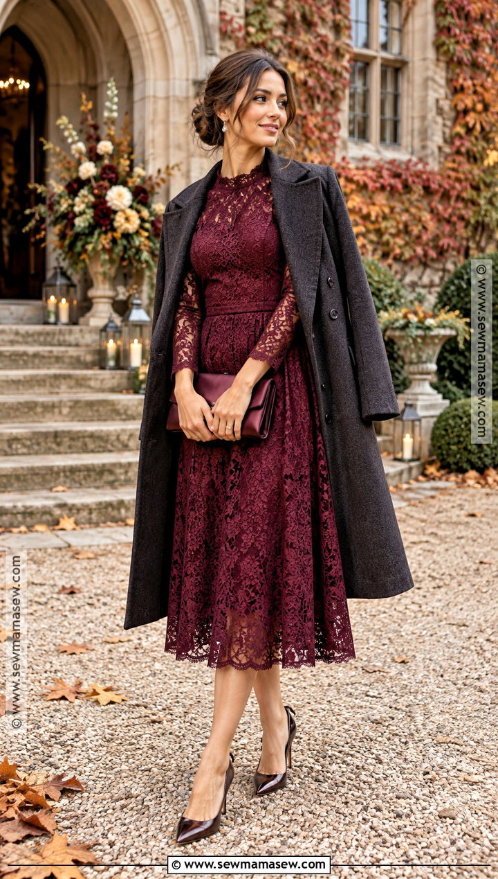 Berry Lace Midi October Wedding Outfit - 15 october wedding attire ideas