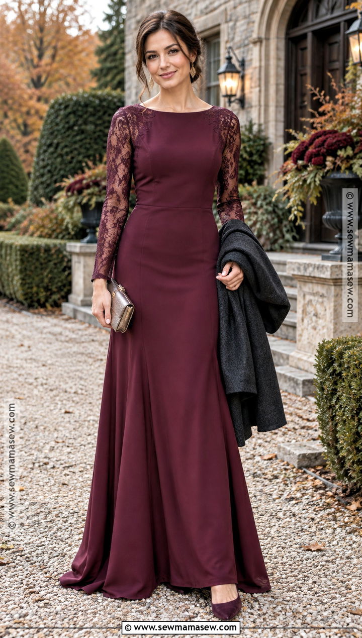 Berry Lace Sleeve Formal Wedding Guest Dress - 15 October Formal Wedding Guest Dress Ideas