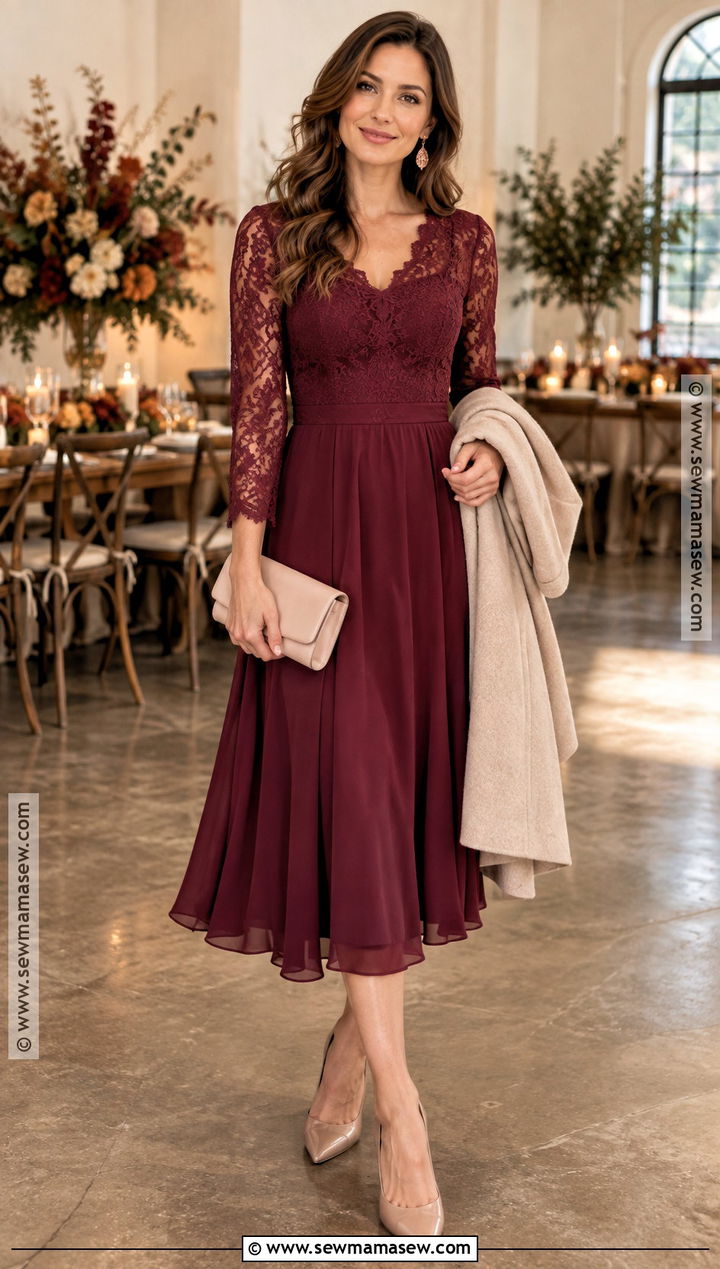 Berry Lace Sleeve Wedding Guest Dress - 15 fall semi formal dresses wedding guest