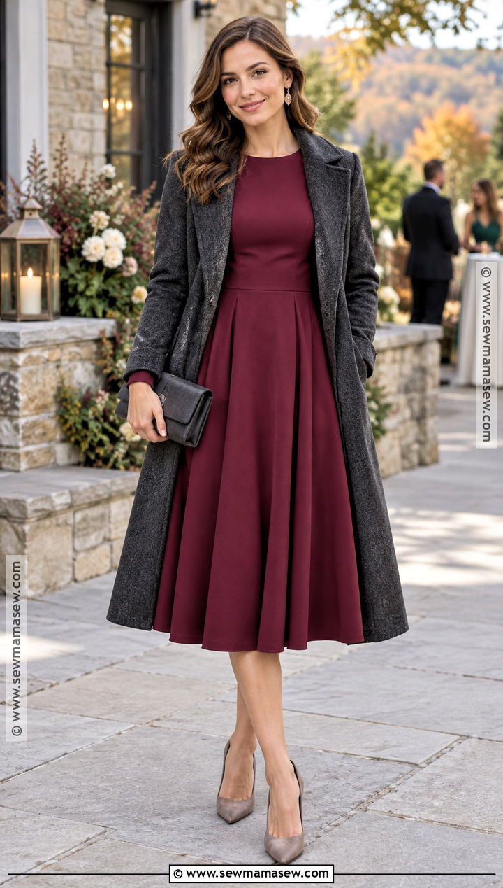 Berry Long Sleeve Fit And Flare Dress - 15 semi formal dresses for wedding guest fall long sleeve